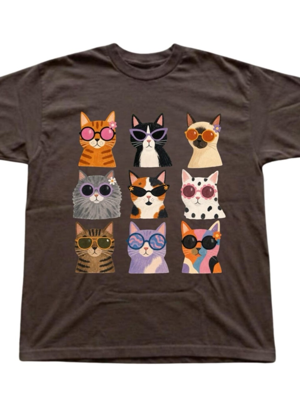 Brown Graphic Tee with Colorful Cats in Sunglasses